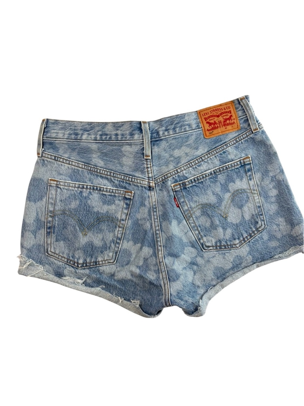 Levi’s 501 High Rise Floral Daisy Denim Booty Shorts Blue Cutoff Light Wash (29)